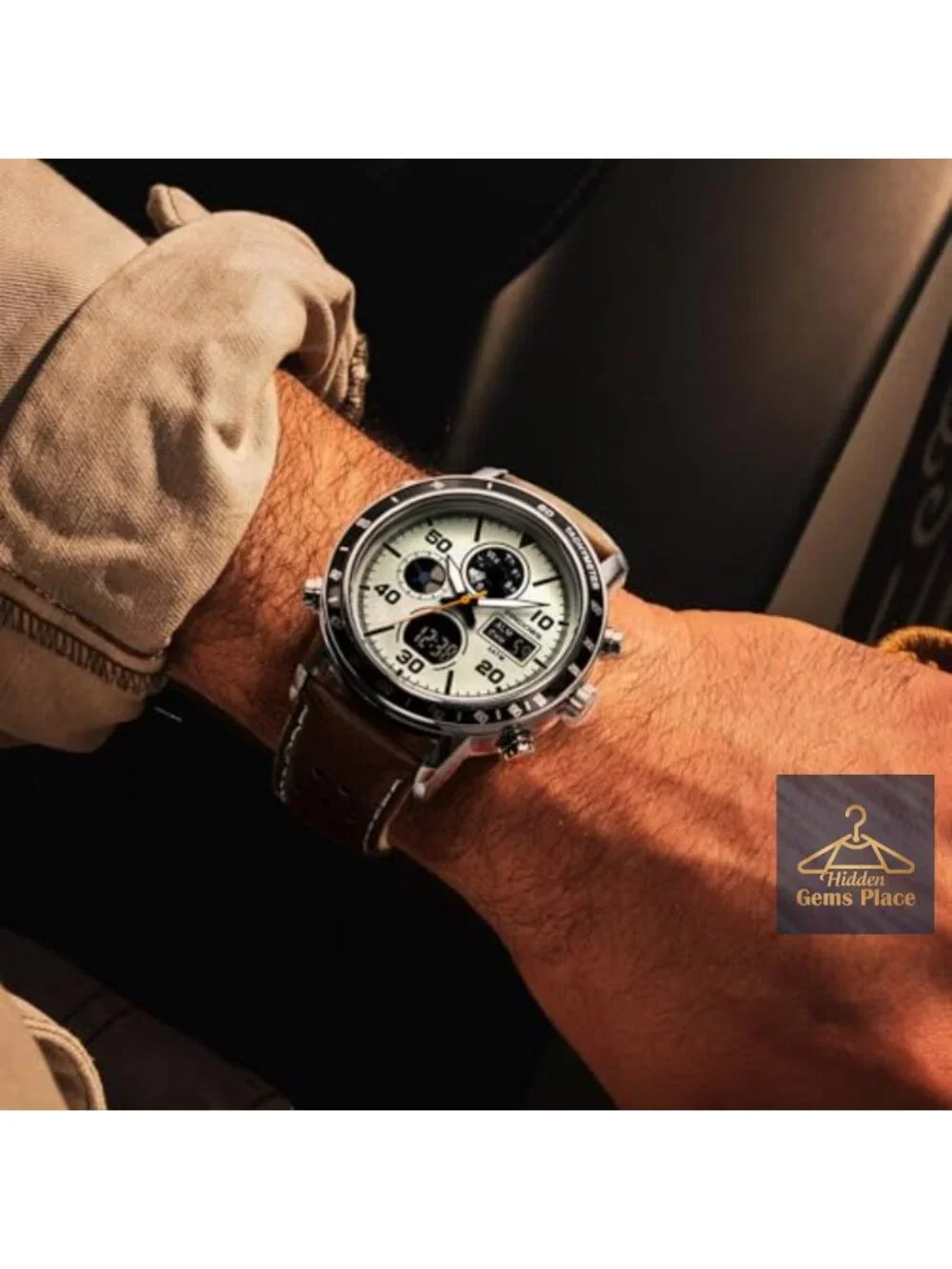 Men's Multifunction Sport Casual Analog-Digital Watch with Perforated Leather